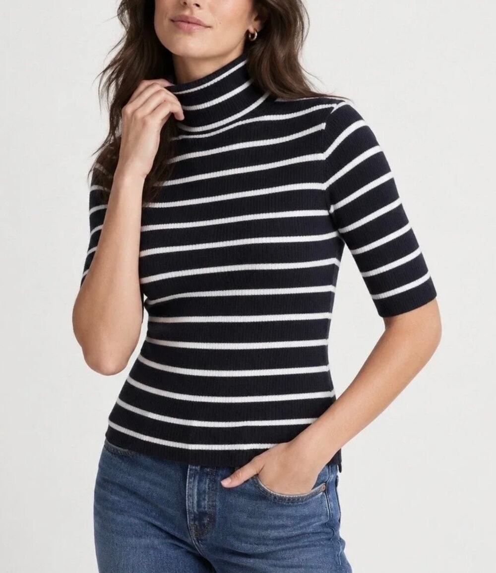 NWT Madewell Ribbed Turtleneck Tee Merino Wool Black White Stripe M Minimalist